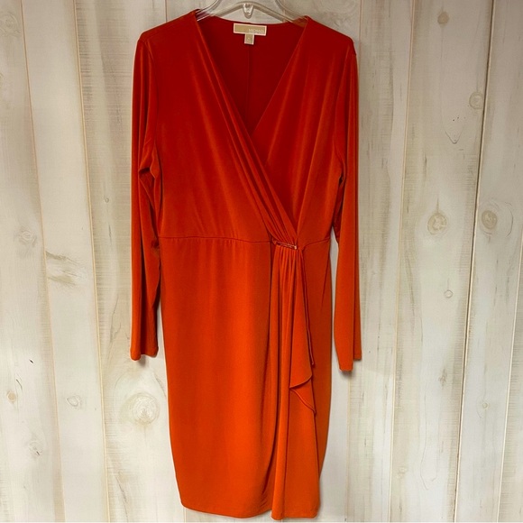 Michael Kors Orange Long Sleeve Knee LengthWrap-Look Dress Sz XL
